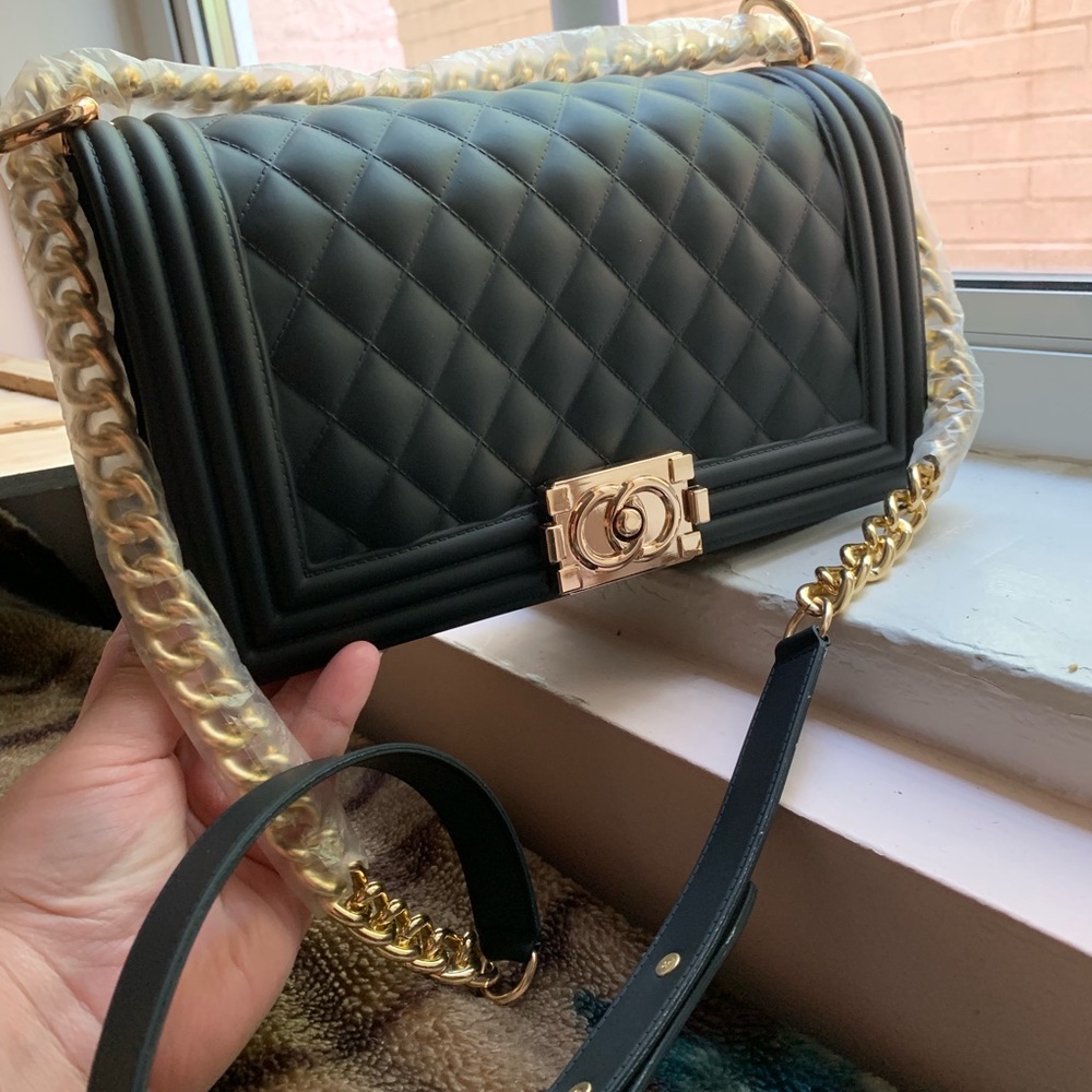 Matte black crossbody gold chain bag